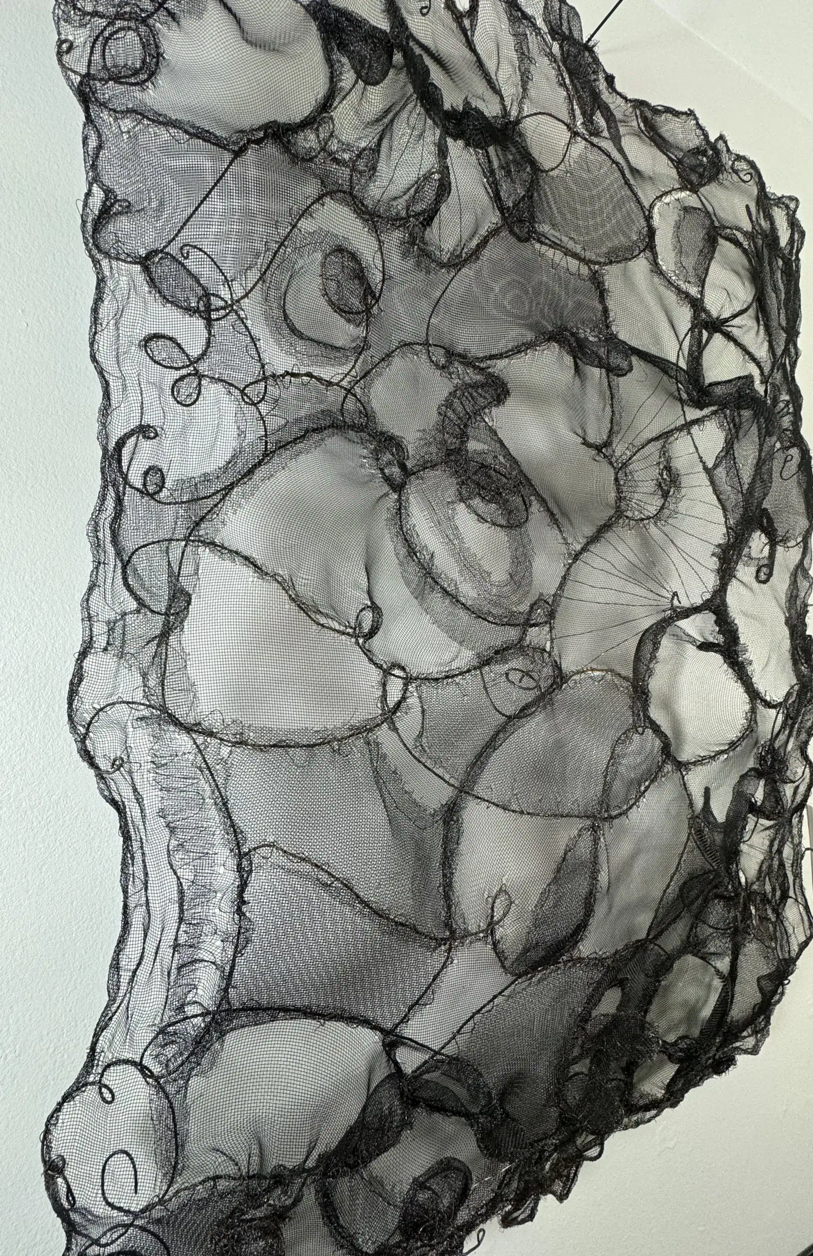Abstract wire and screen sculpture with intricate loops and curves.