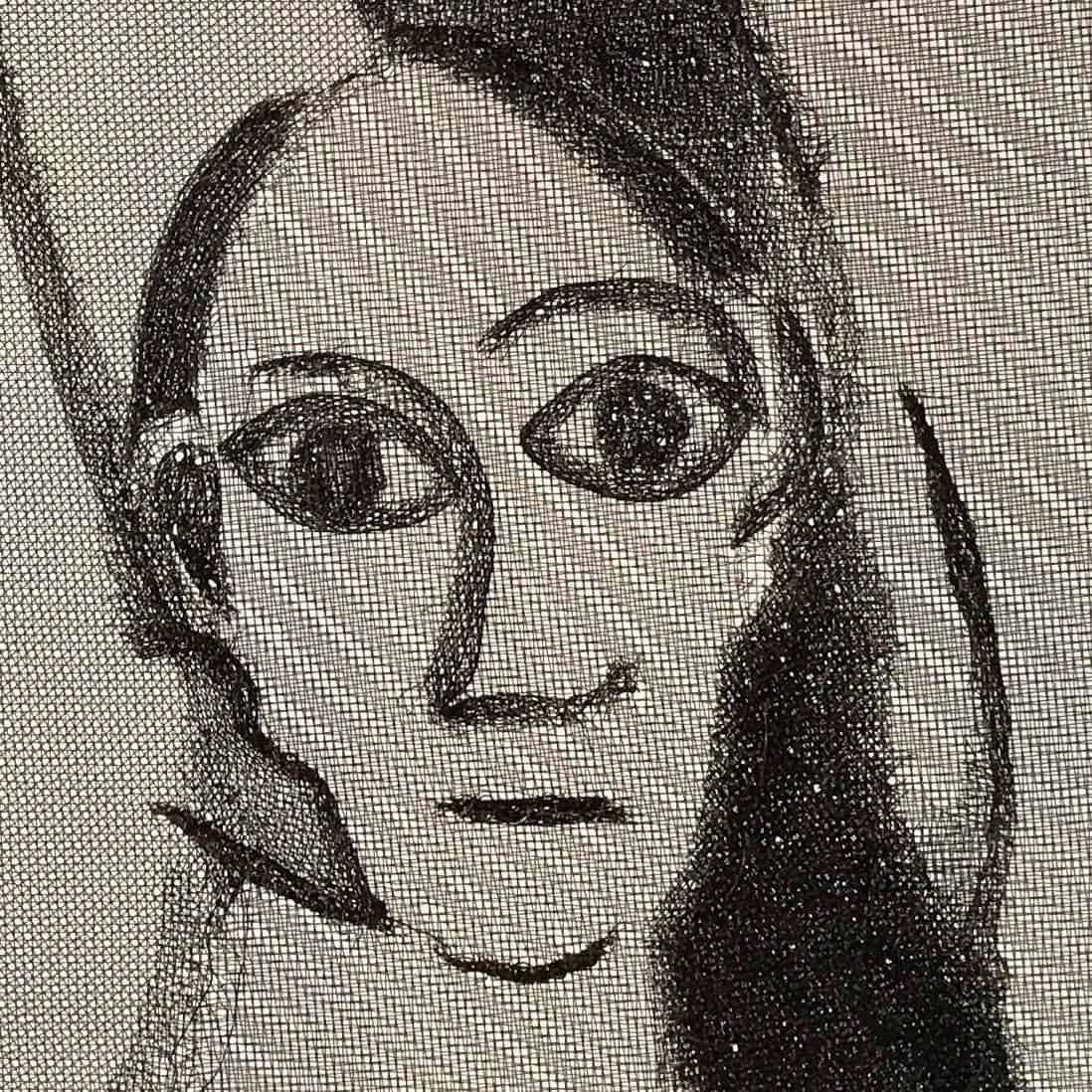 Woman's face created with layered and stitched aluminum screen.